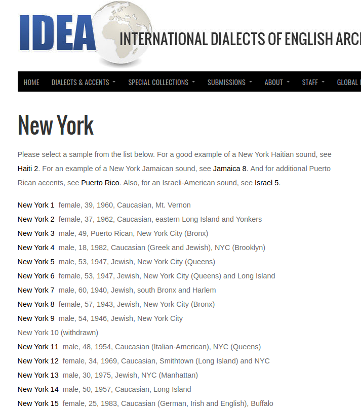 screenshot of dialect archive page